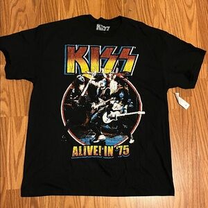 Kiss World Tour Alive In 75 Retro Style Black T Shirt Mens Large Band Tee NWT